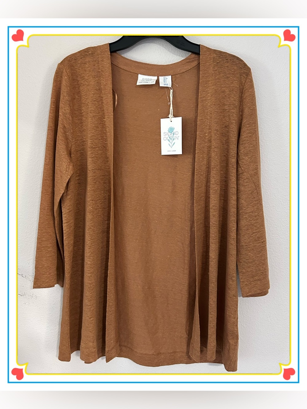 Sigrid Olsen 100 Linen Open-Front 3/4 Sleeve Cardigan Brown S Minimalist Boho